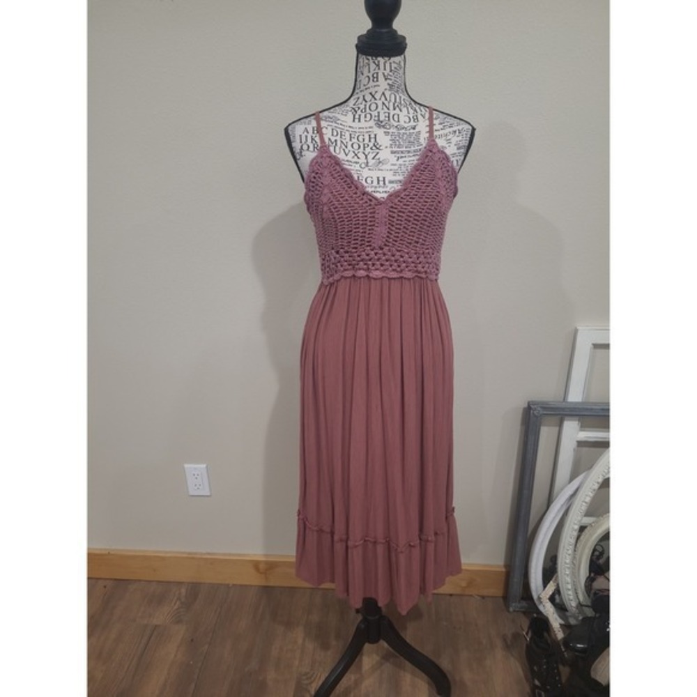 Blush Women SZ S Boho crochet bodice brown gauze midi dress grunge festival vaca